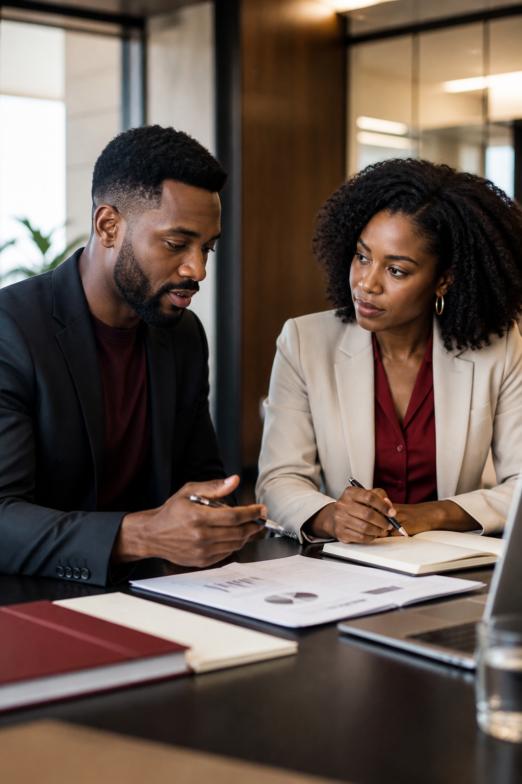 Two Black business professionals collaborating in a modern office
